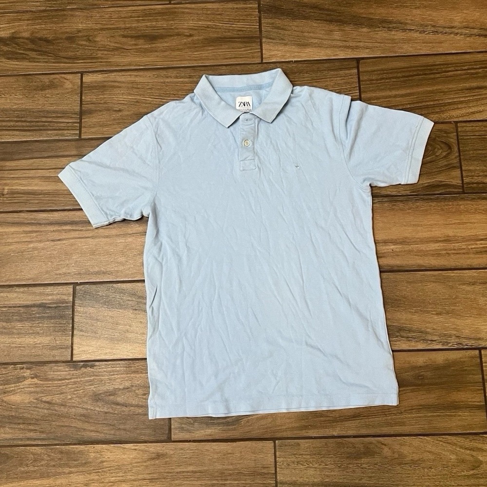 Zara Polo Shirt Mens Medium Light Blue Short Sleeve Classic Casual Pique Polo